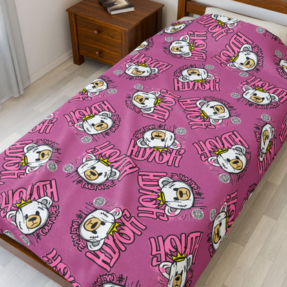Youth Culture Bear Graphic Velveteen Plush Blanket – Soft Throw for Couch or Bed – Pink Urban Streetwear Home Decor 60" × 80"
