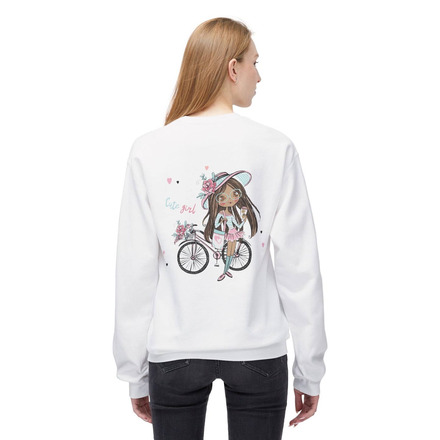 Cute Girl on Bicycle Sweatshirt, Cozy Fleece Crewneck, Spring Fashion, Gift for Her, Casual Sweatshirt, Cartoon Design