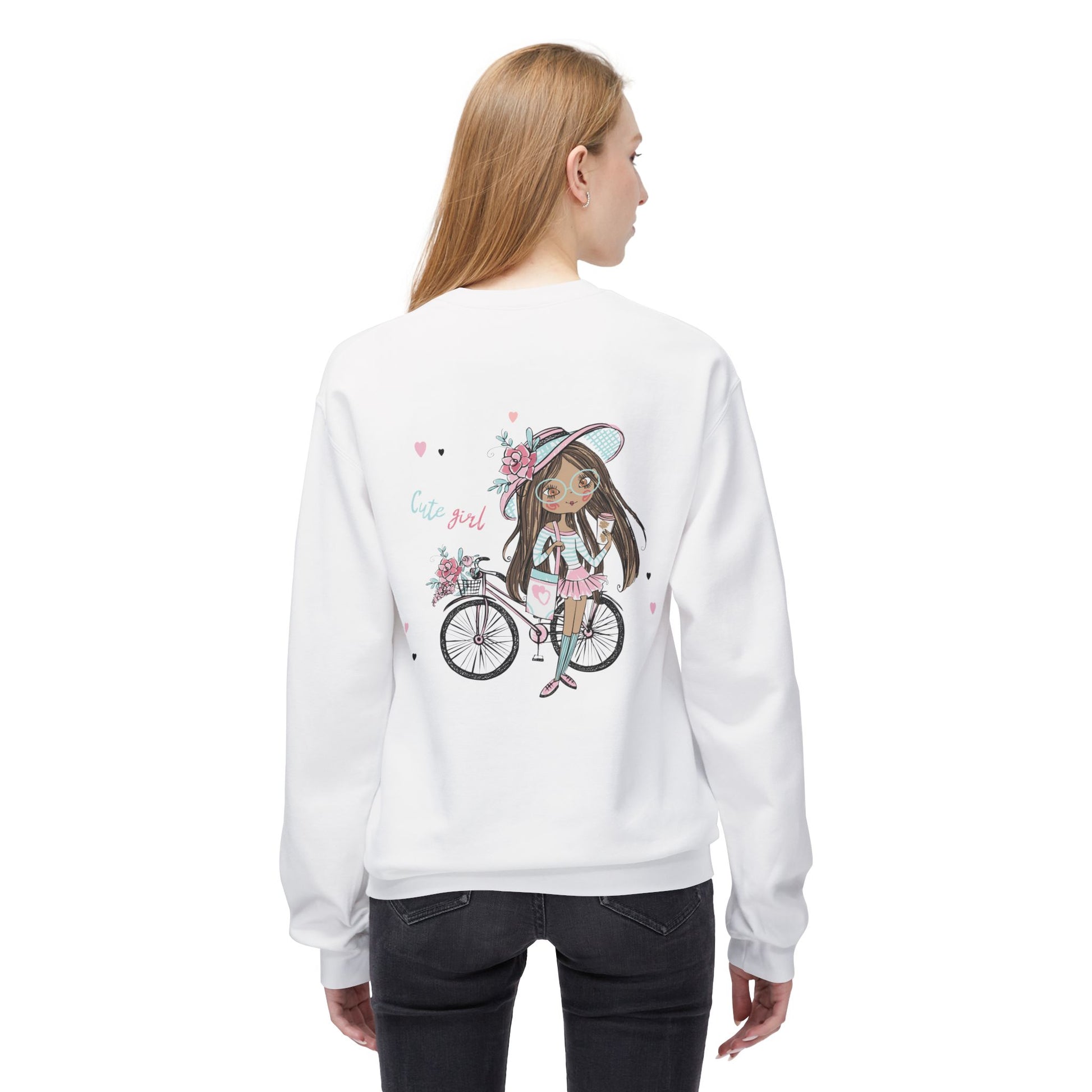 Cute Girl on Bicycle Sweatshirt, Cozy Fleece Crewneck, Spring Fashion, Gift for Her, Casual Sweatshirt, Cartoon Design
