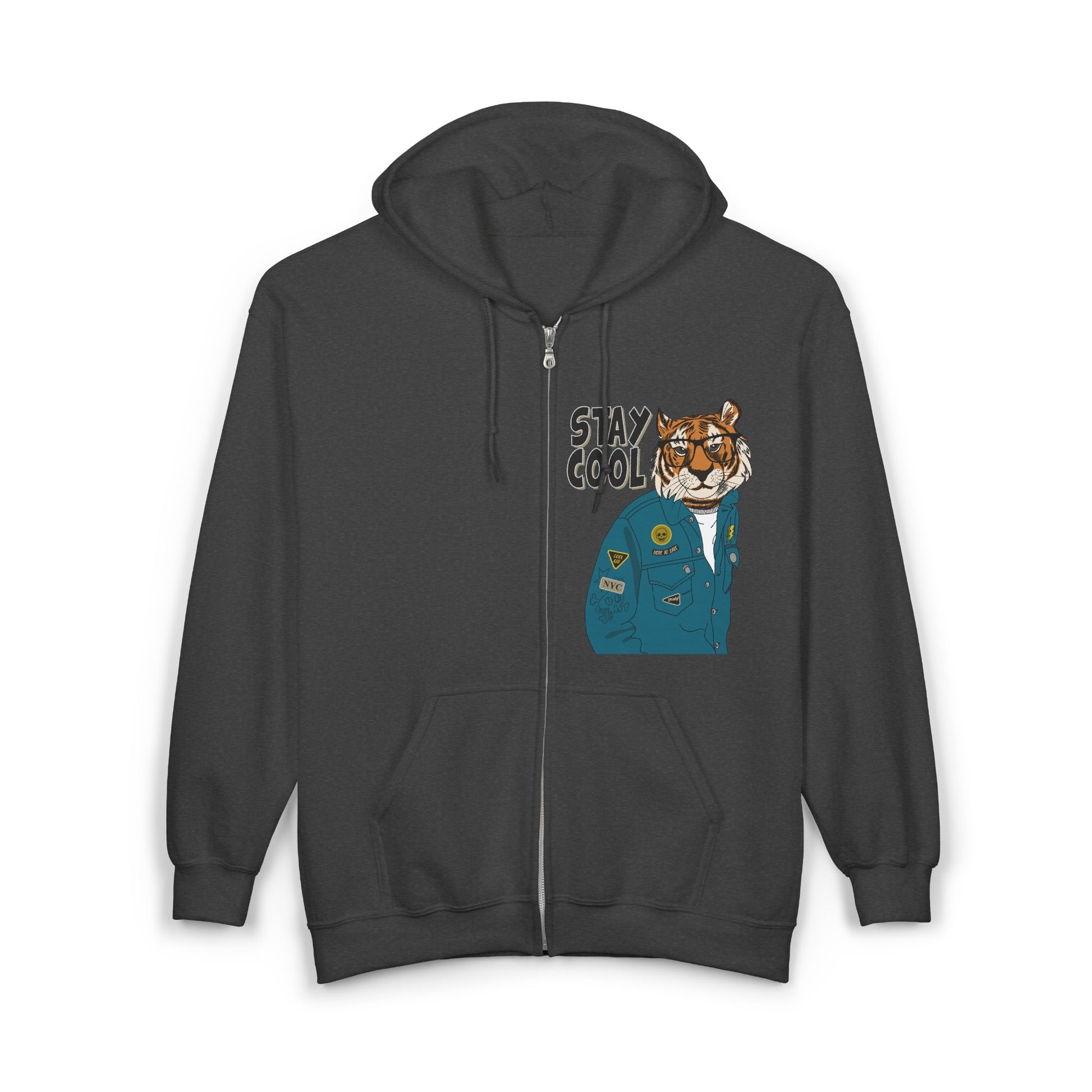 Trendy Graphic Hoodie - Stay Cool Tiger Zip Sweatshirt, Animal Lover Gift, Casual Streetwear, Cozy Layering Piece, Unique Fashion Statement