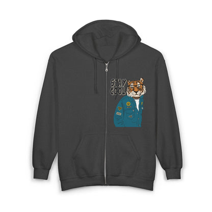 Trendy Graphic Hoodie - Stay Cool Tiger Zip Sweatshirt, Animal Lover Gift, Casual Streetwear, Cozy Layering Piece, Unique Fashion Statement