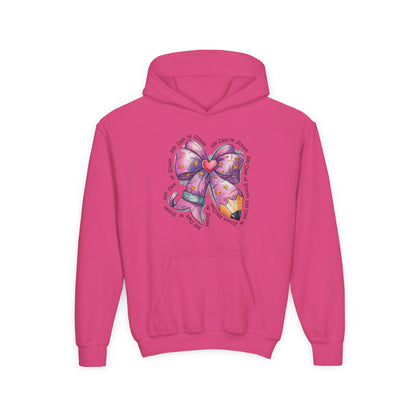 Heartfelt Bow Youth Hoodie - Cute Gift for Kids, Stylish Sweatshirt for Birthday, Back to School, Holiday, Everyday Wear Heliconia