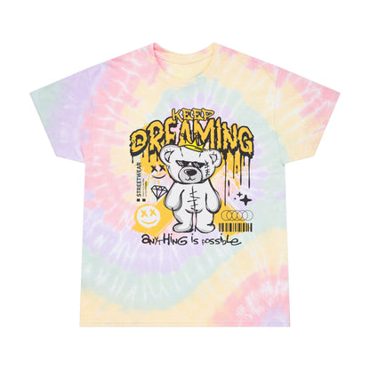 Unisex "Keep Dreaming" Tie Dye T-Shirt – Streetwear Graphic Tee with Cool Bear & Motivational Quote – Soft Cotton Pastel Shirt