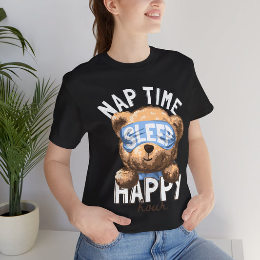 Nap Time Happy Hour Tee, Cute Bear Tee, Unisex Casual Shirt, Gift for Nappers, Relaxation Apparel, Fun Sleepwear Black