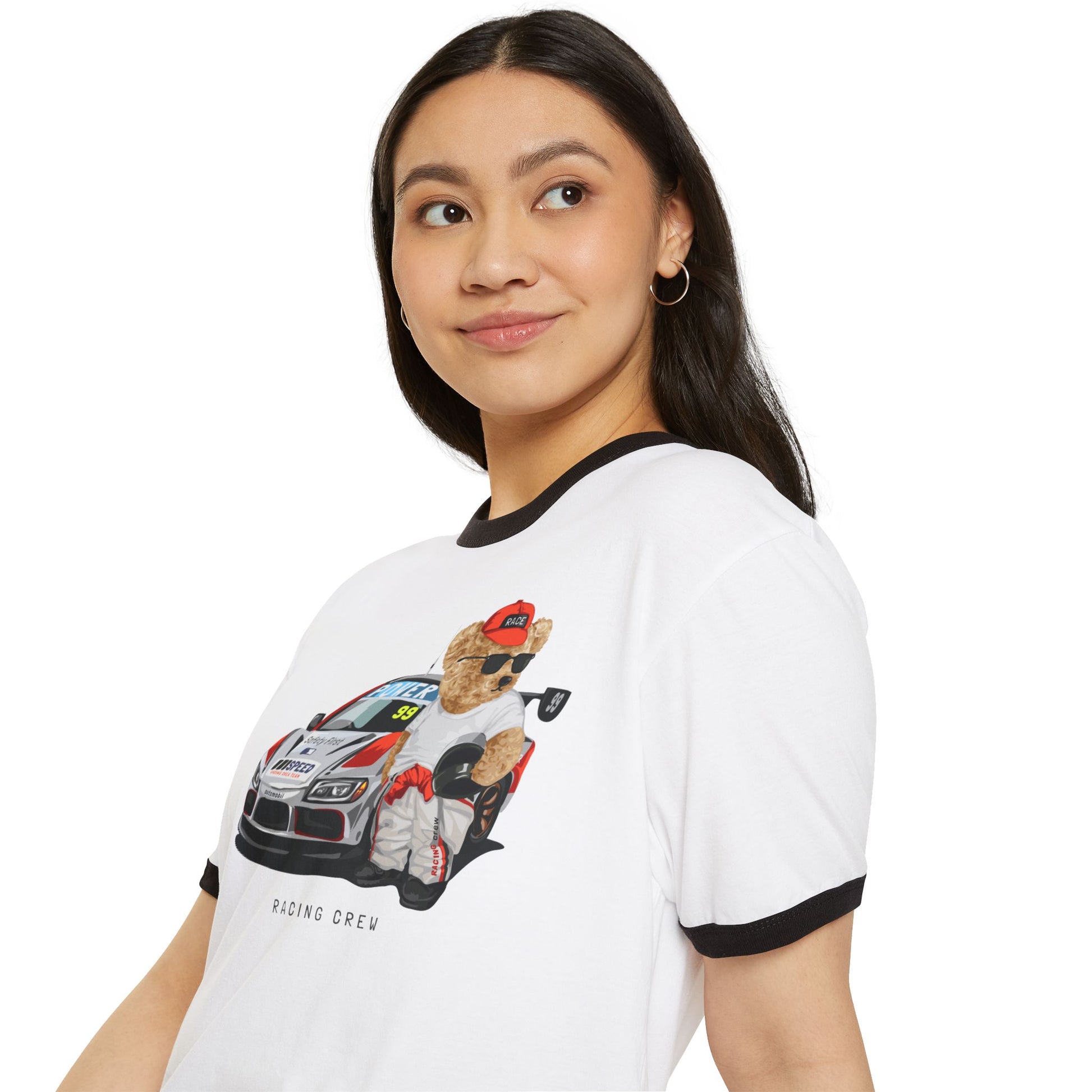 Racing Bear Unisex Cotton Ringer T-Shirt - Funny, Casual Wear, Gift for Car Lovers, Birthday Gift, Motorsport Apparel