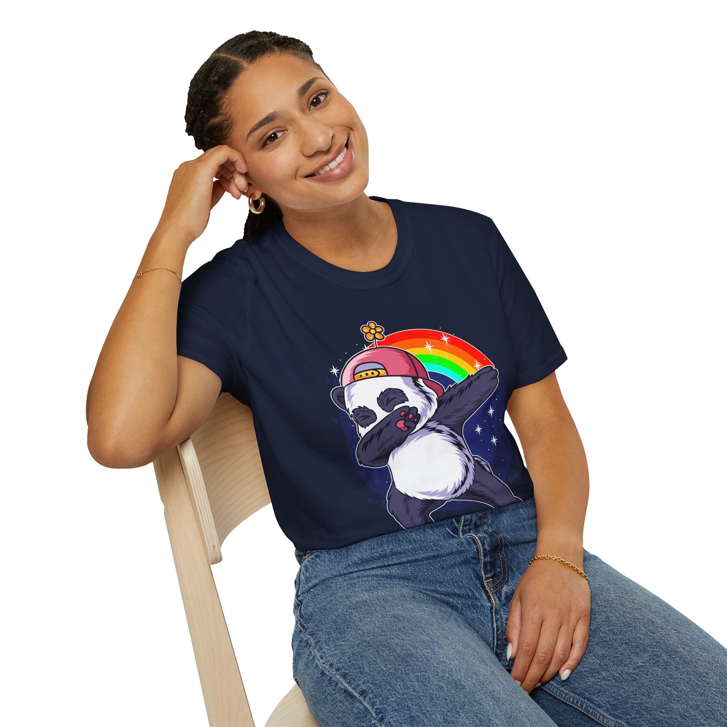 Rainbow Panda Unisex Softstyle T-Shirt, Cute Panda Tee, Gift for Animal Lovers, Fun Casual Wear, Birthday Present, Streetwear Fashion Navy