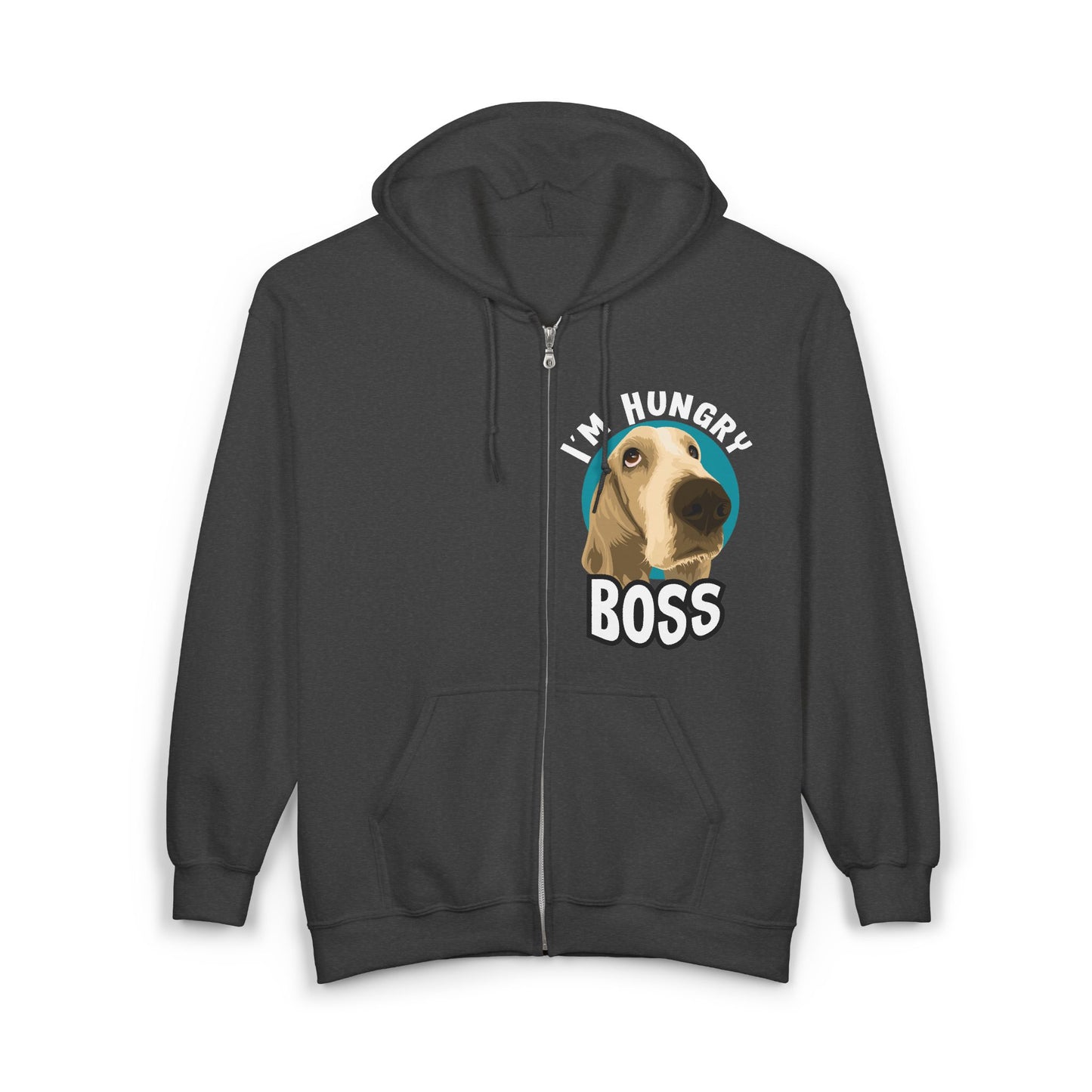 Hungry Boss Dog Hoodie, Funny Pet Lover Gift, Unisex Zip-Up Sweatshirt, Cute Animal Apparel, Ideal for Dog Owners, Cozy Layering