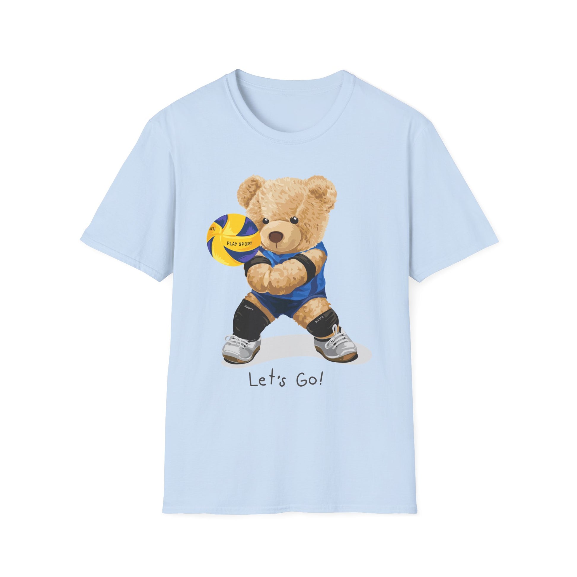 Cute Volleyball Bear T-Shirt, Unisex Softstyle Tee, Sportswear, Gift for Athletes, Fun Casual Wear, Sports Team Apparel Light Blue