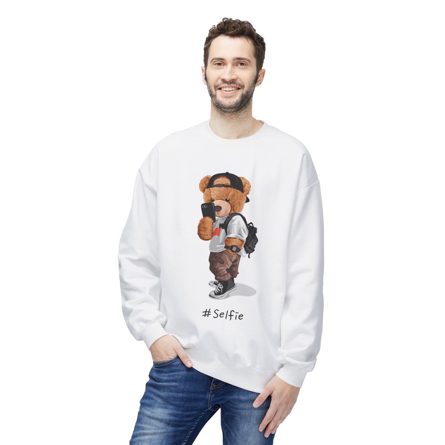 Cute Bear Selfie Sweatshirt, Trendy Gift for Teens, Cozy Fleece Crew, Fashionable Streetwear, Perfect for Casual Days, Instagram Vibes