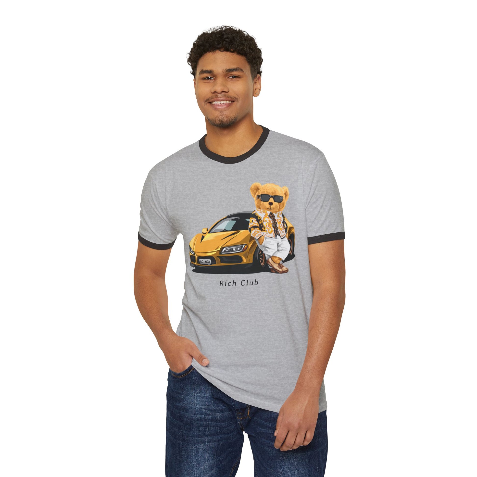 Rich Club Bear Unisex Cotton Ringer T-Shirt, Casual Wear, Streetwear, Gift for Car Lovers, Fun Graphic Tee