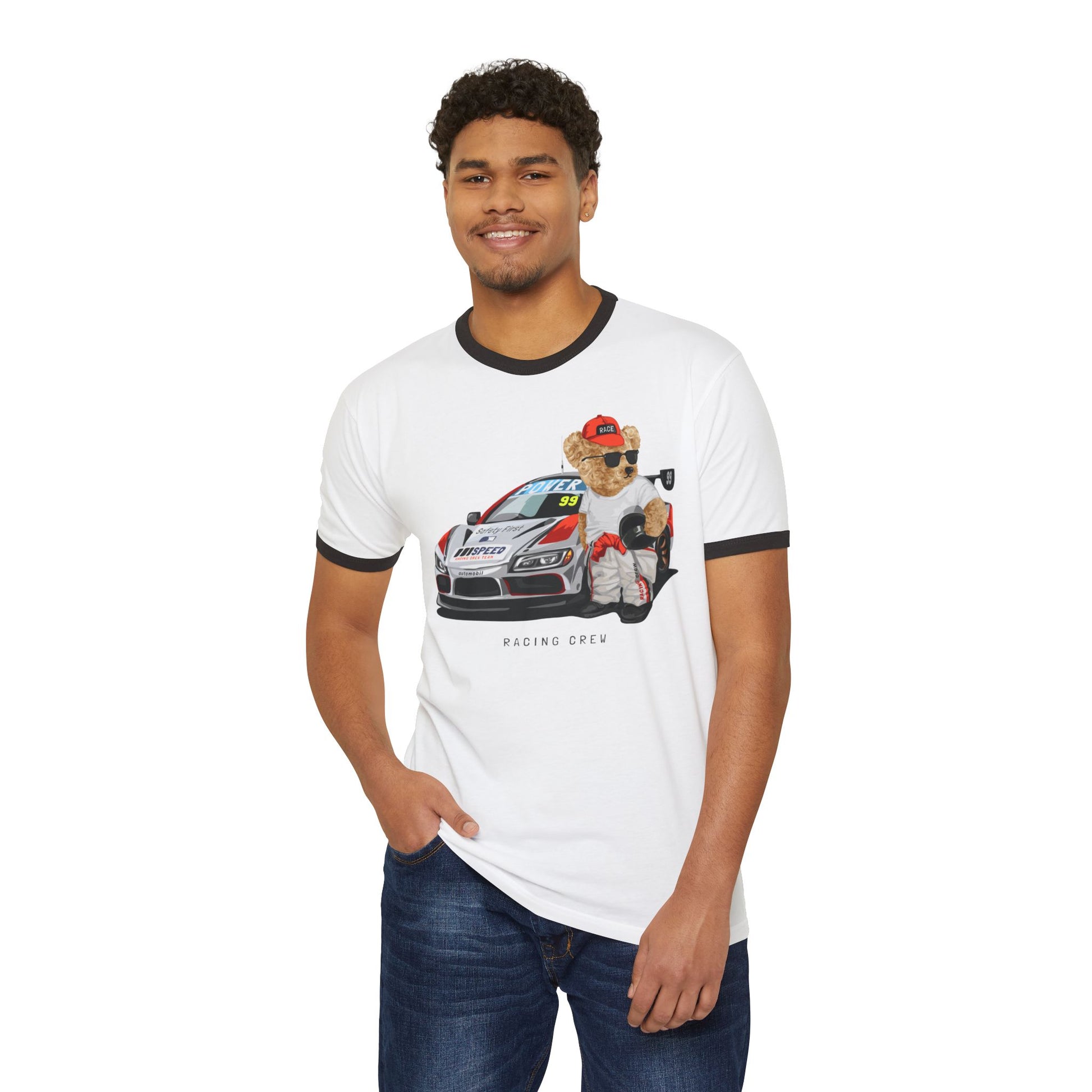 Racing Bear Unisex Cotton Ringer T-Shirt - Funny, Casual Wear, Gift for Car Lovers, Birthday Gift, Motorsport Apparel