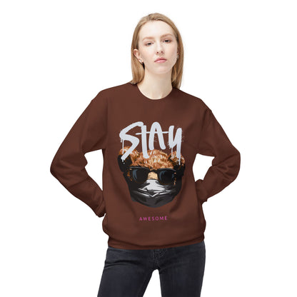 Stay Awesome Fleece Crewneck Sweatshirt for Cozy Vibes, Perfect Gift for Friends, Cute Casual Wear, Fun Retro Style, Ideal for Cold Days