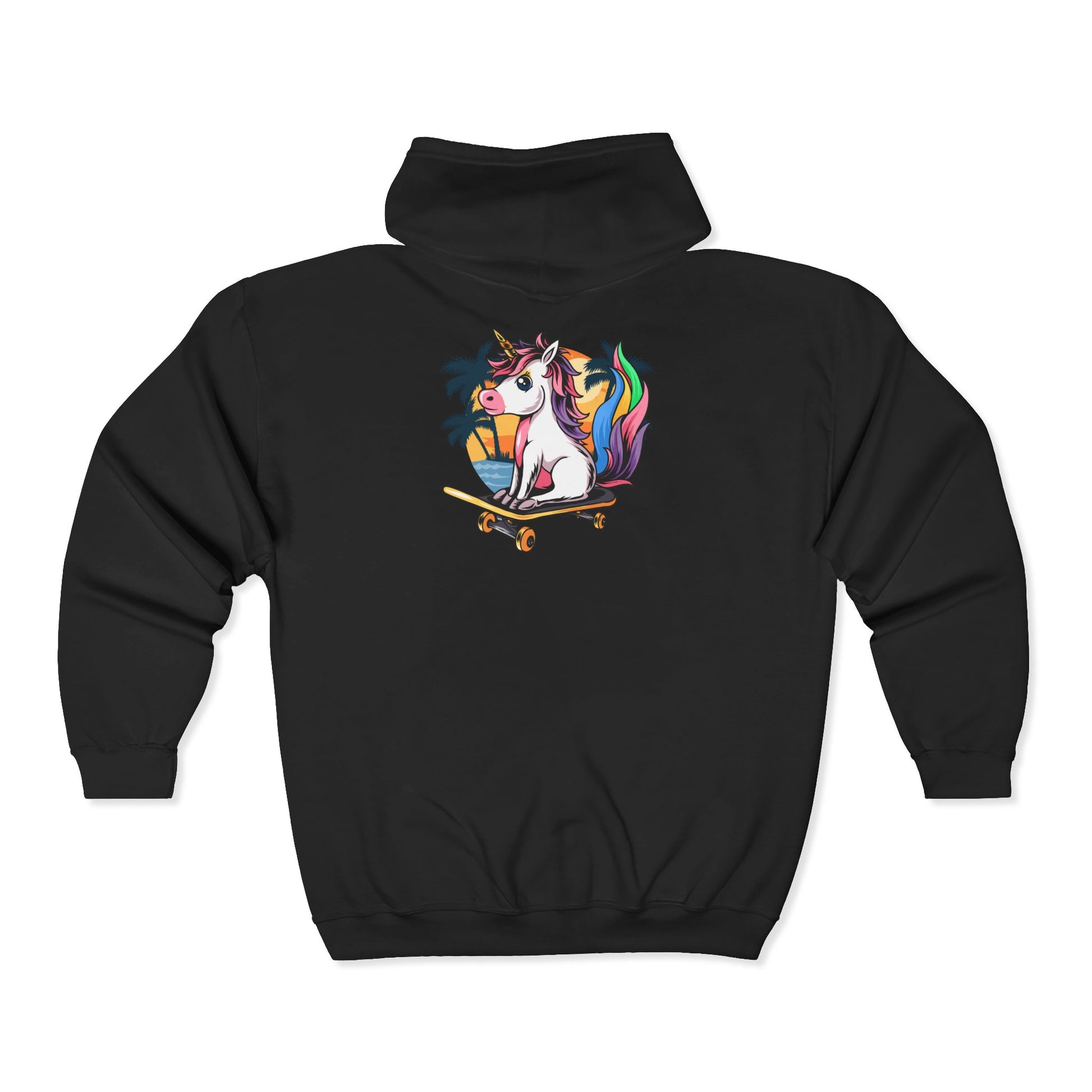 Full Zip Hoodie - Rainbow Unicorn on Skateboard Tropical Sunset Design