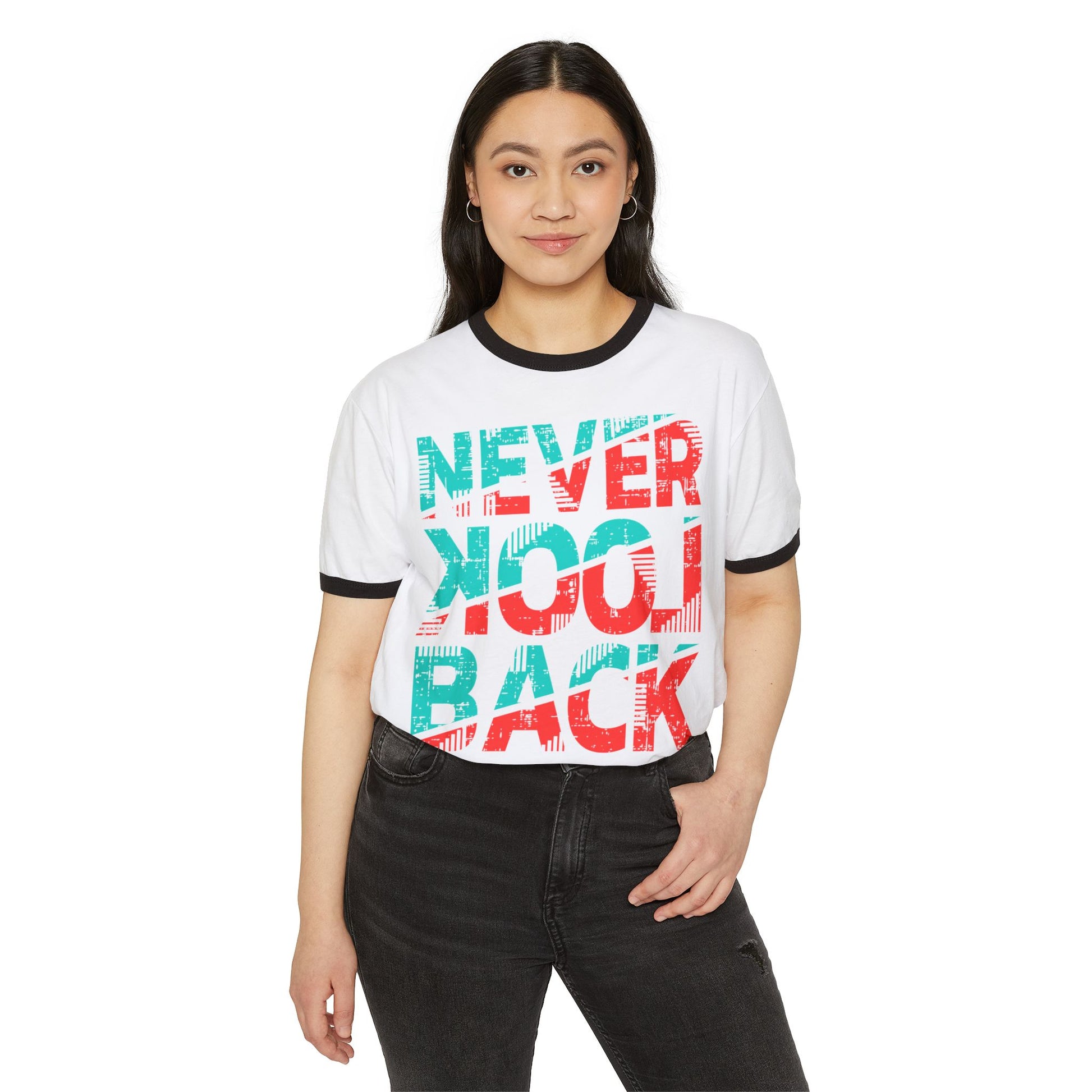 Retro Ringer T-Shirt - 'Never Look Back' Statement Tee, Casual Wear, Vintage Style, Gift for Friends, Motivational Shirt