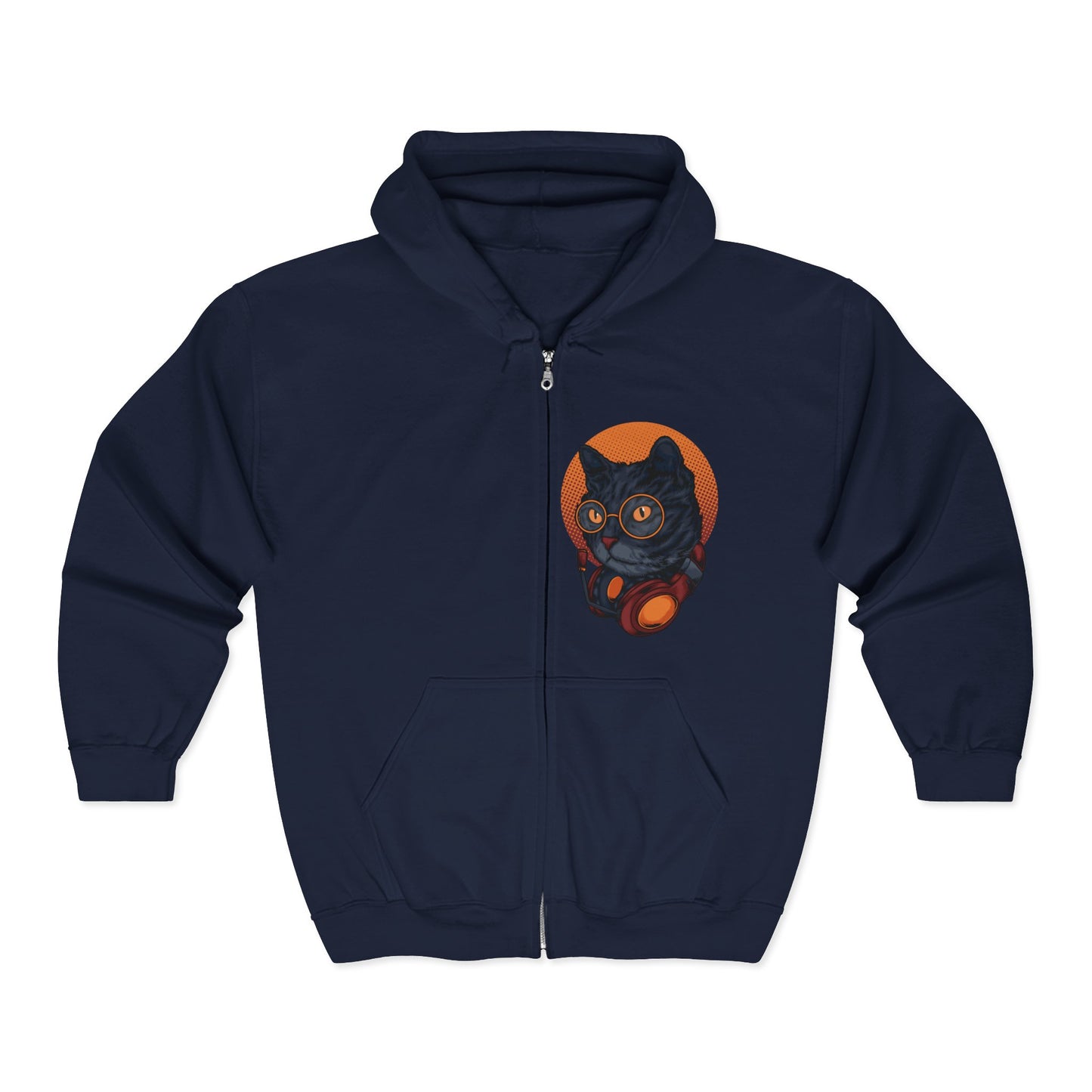 Cozy Cat-Themed Zip-Up Hoodie, Cat Lover Gift, Halloween Apparel, Unisex Sweatshirt, Casual Wear Navy
