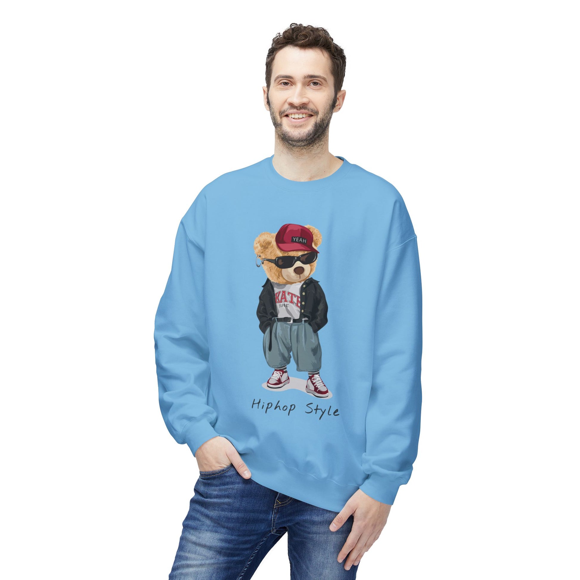 Hip Hop Bear Sweatshirt, Streetwear Crewneck, Unisex Fleece Top, Trendy Gift, Casual Style, Fashionable Layering Piece