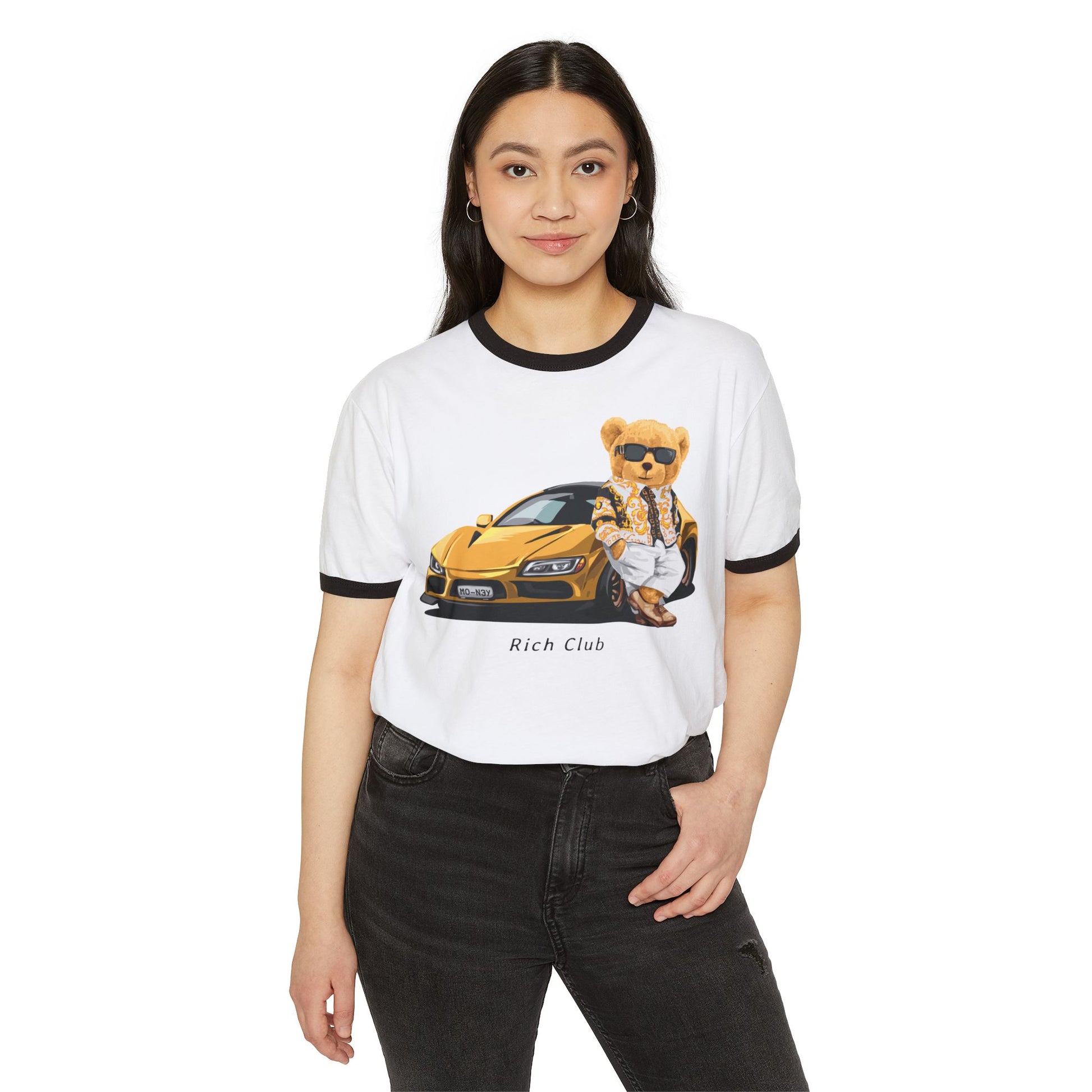 Rich Club Bear Unisex Cotton Ringer T-Shirt, Casual Wear, Streetwear, Gift for Car Lovers, Fun Graphic Tee
