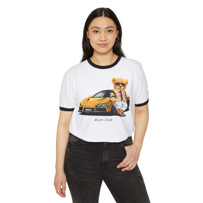 Rich Club Bear Unisex Cotton Ringer T-Shirt, Casual Wear, Streetwear, Gift for Car Lovers, Fun Graphic Tee