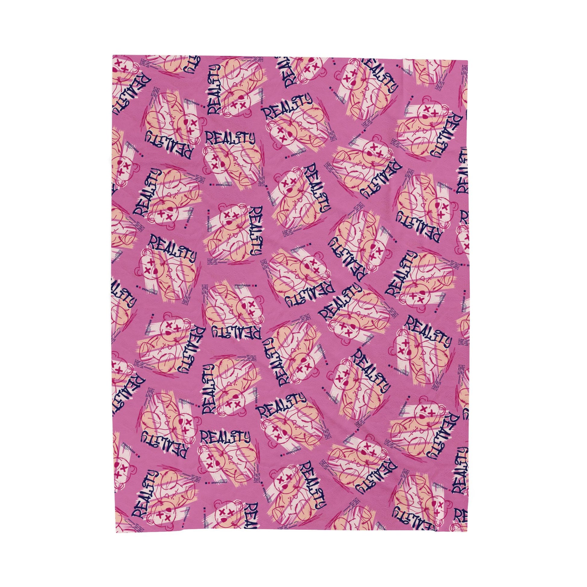 "Reality" Edgy Teddy Bear Graphic Velveteen Plush Blanket – Pink Soft Throw for Modern Home Decor – Streetwear Style