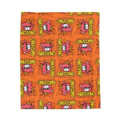 "Awesome" Motivational Graphic Plush Blanket – Soft Velveteen Throw with Flaming Bear – Orange Streetwear Home Decor
