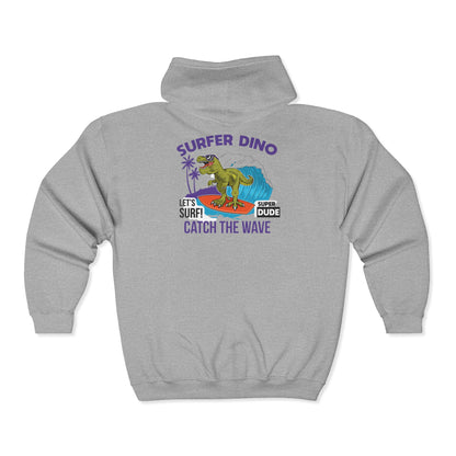 Surfer Dino Full Zip Hoodie - Catch the Wave, Surfing Sweatshirt for Beach Lovers, Gifts for Dino Enthusiasts, Fun Casual Wear