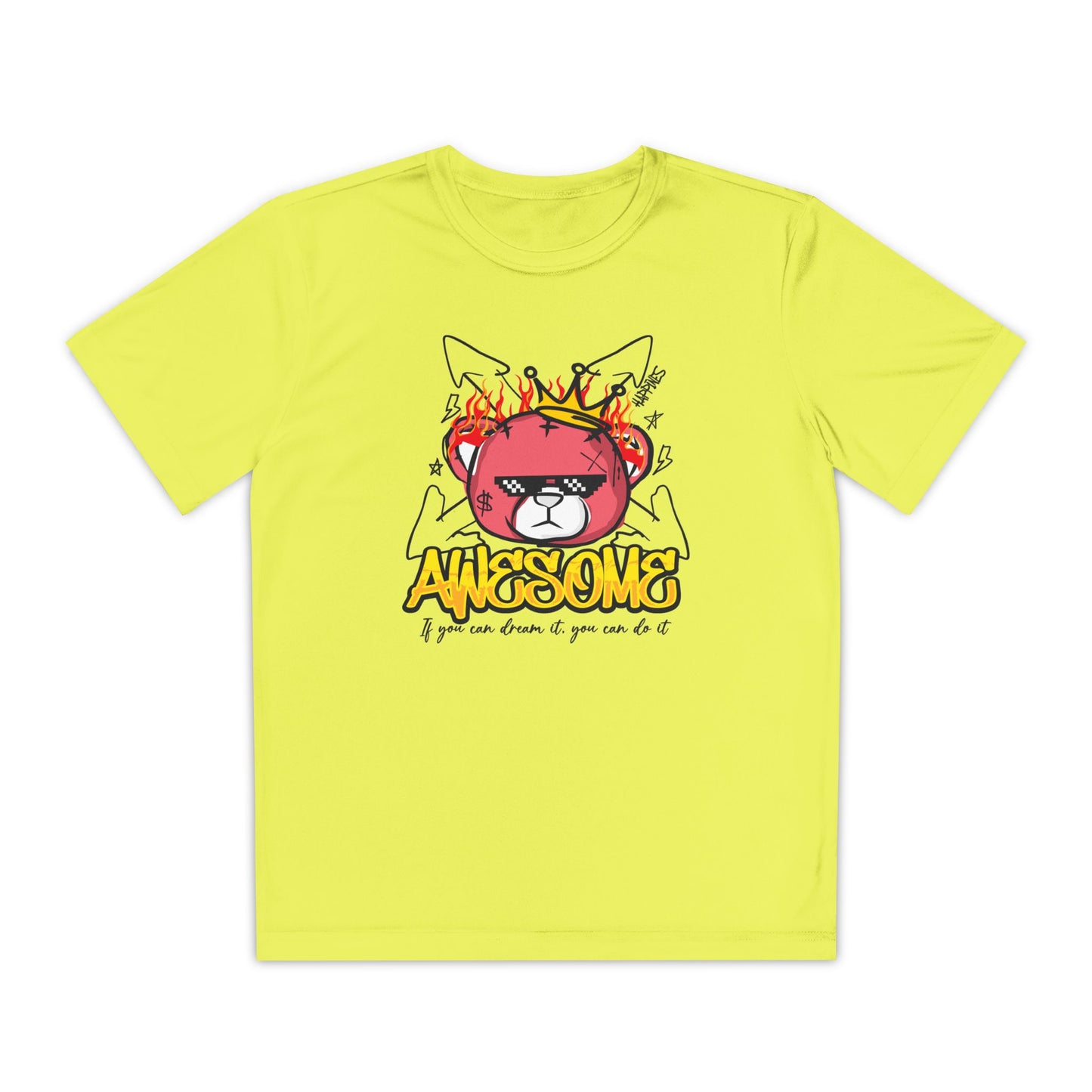 Awesome Youth Competitor Tee - Bear Fun Sports Shirt, Great for Birthdays, Competitions, Summer Camps, and Everyday Adventures Neon Yellow