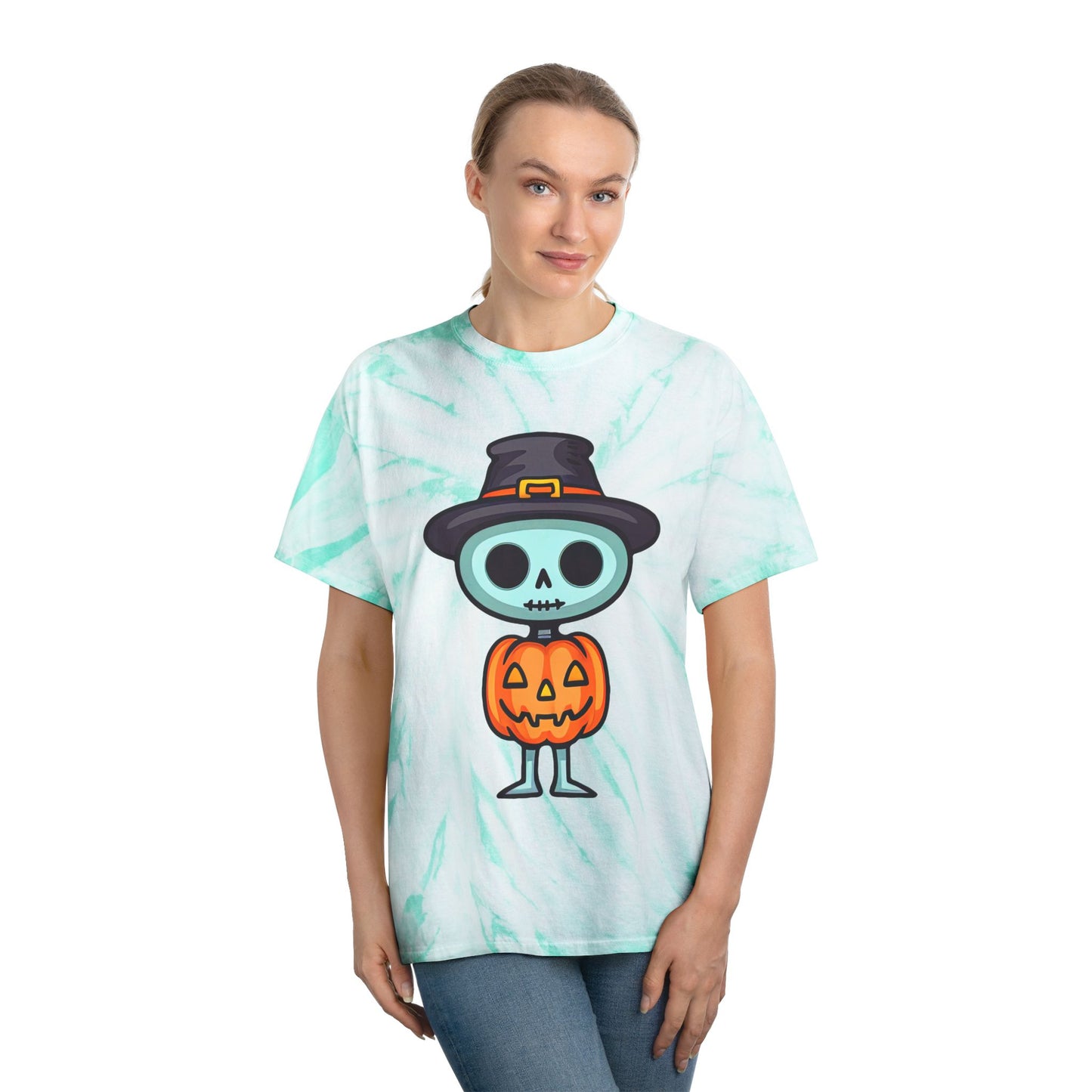 Halloween Tie-Dye Tee with Skeleton Design, Vintage Tie-Dye T-Shirt, Fun Fall Apparel, Spooky Season Outfit, Halloween Party Shirt - Cozy Kawaii LLC