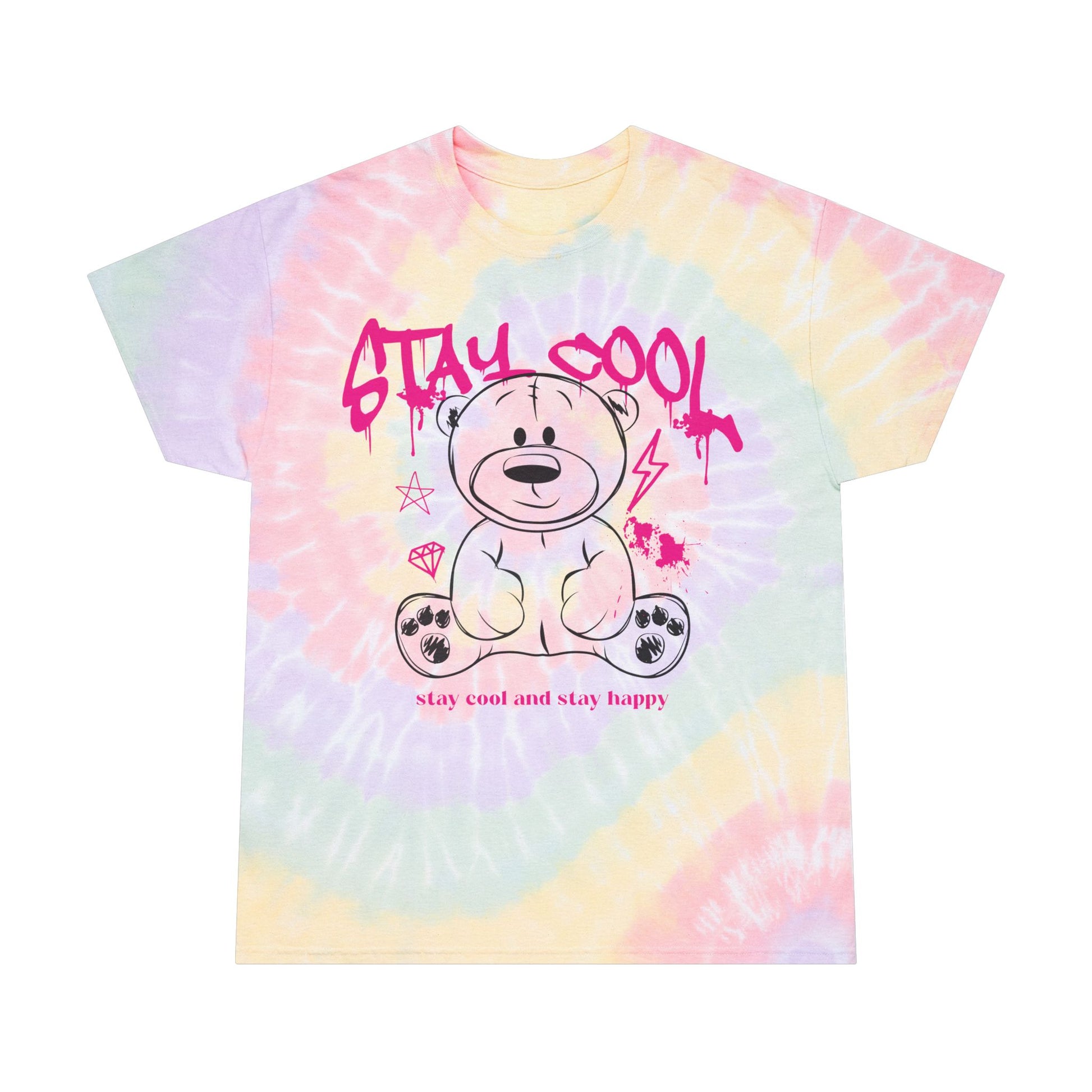 Unisex "Stay Cool" Tie Dye T-Shirt – Cute Streetwear Graphic Tee with Teddy Bear & Happy Quote – Soft Cotton Pastel Shirt