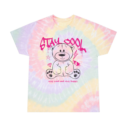 Unisex "Stay Cool" Tie Dye T-Shirt – Cute Streetwear Graphic Tee with Teddy Bear & Happy Quote – Soft Cotton Pastel Shirt