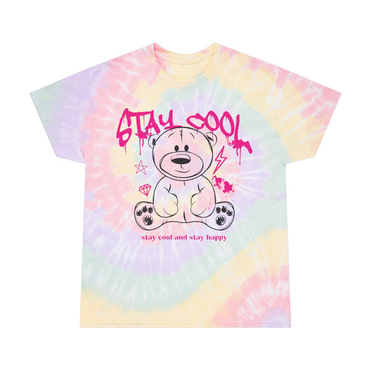 Unisex "Stay Cool" Tie Dye T-Shirt – Cute Streetwear Graphic Tee with Teddy Bear & Happy Quote – Soft Cotton Pastel Shirt