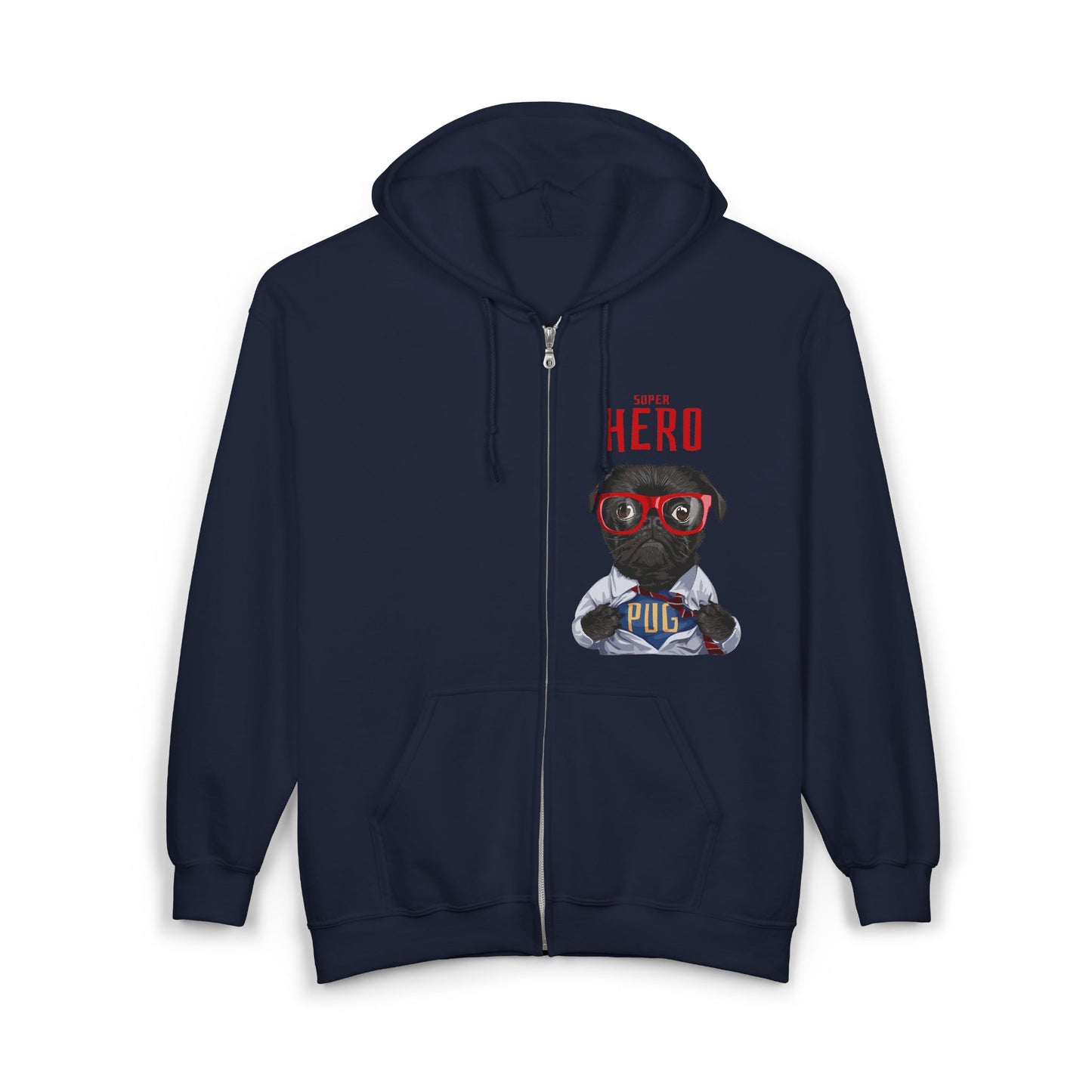 Hero Pug Full Zip Hoodie, Unisex Sweatshirt, Pet Lover Gift, Cute Hoodie, Dog Lover Apparel, Birthday Present, Funny Sweatshirt