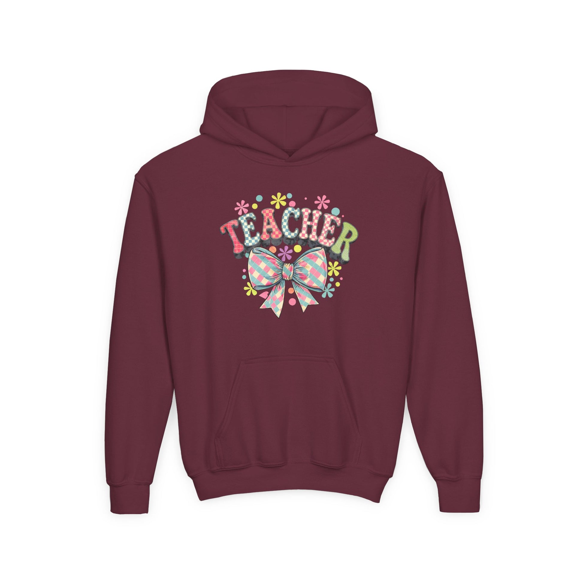 Teacher Hoodie with Colorful Floral Bow Design, Ideal Gift for Educators, School Spirit Wear, Teacher Appreciation, Back to School