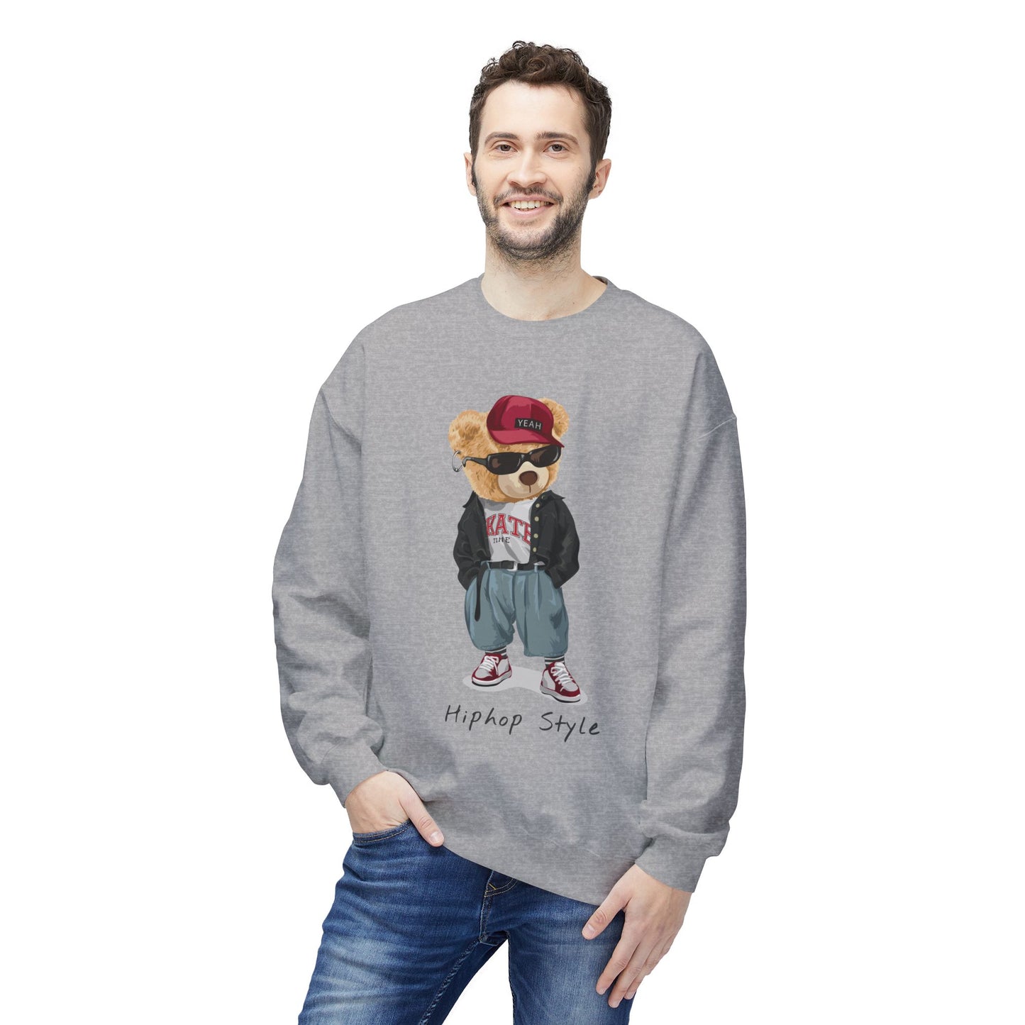 Hip Hop Bear Sweatshirt, Streetwear Crewneck, Unisex Fleece Top, Trendy Gift, Casual Style, Fashionable Layering Piece