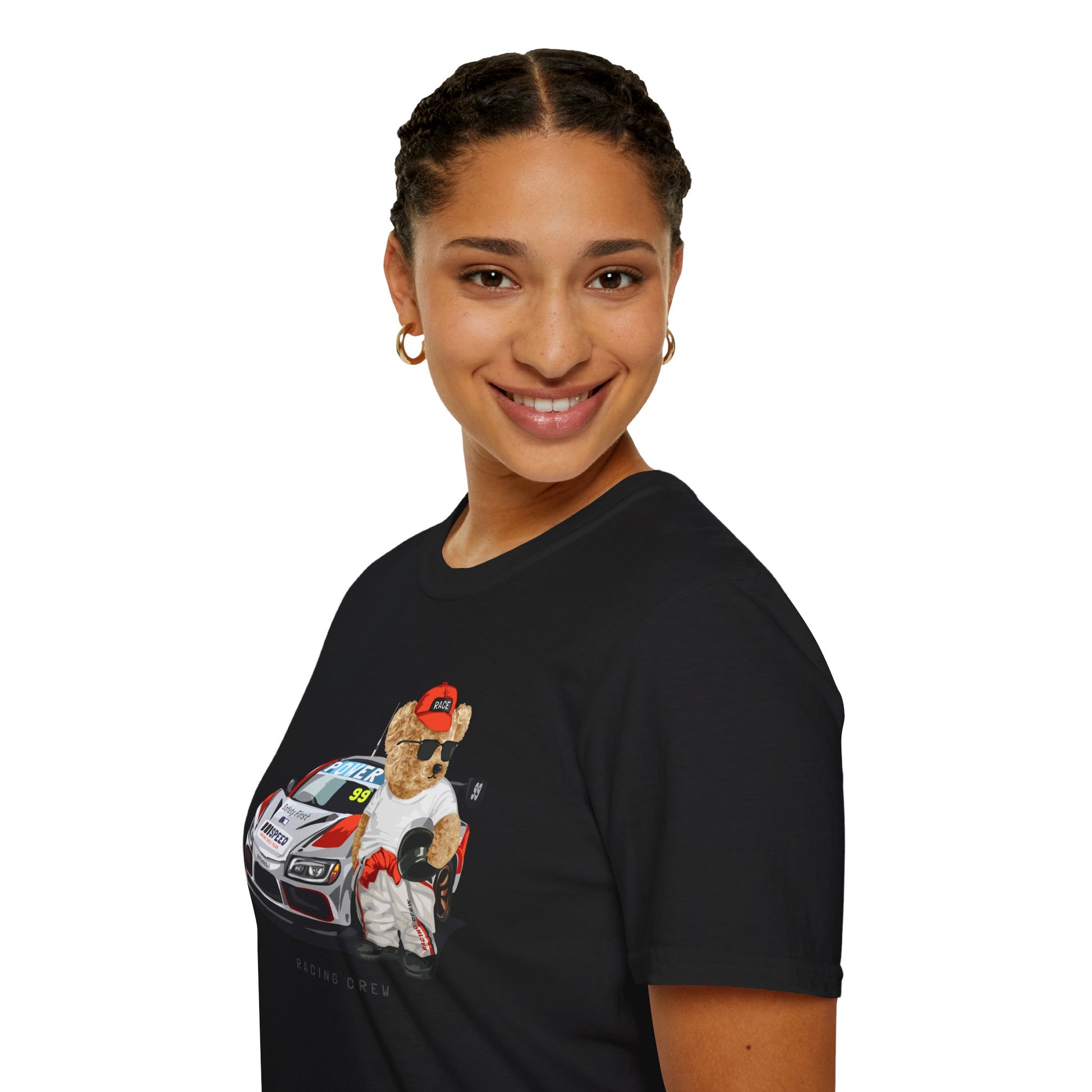 Racing Bear Unisex T-Shirt, Cute Animal Apparel, Car Lovers Gift, Fun Racing Shirt, Gift for Him/Her