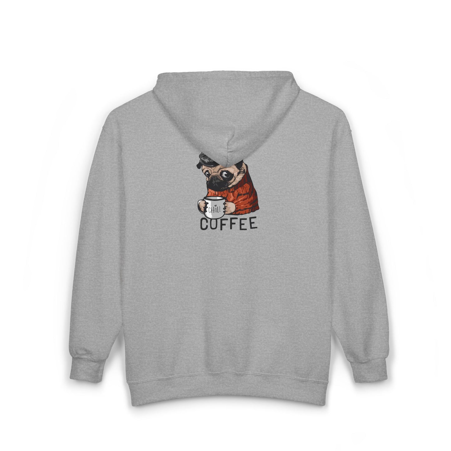 Coffee-Loving Pug Hoodie with Funny Graphic, Cozy Gift for Dog Lovers, Unisex Zip-Up Sweatshirt, Cute Pet-Themed Apparel