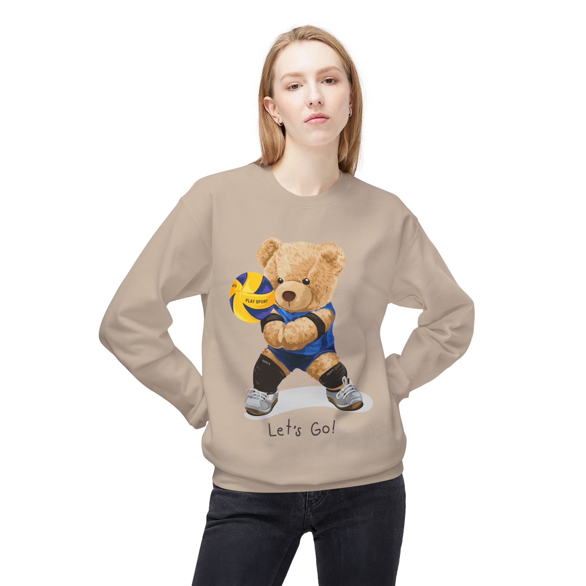 Cheerful Volleyball Bear Crewneck Sweatshirt, Cozy Fleece Top, Cute Sports Apparel, Unisex Gift for Athletes, Casual Wear, Let's Go!