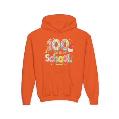 100 Days of School Youth Hoodie, Colorful School Spirit Sweatshirt, Kids Celebration Hoodie, Perfect for School Events, Fun Memory Gear Orange