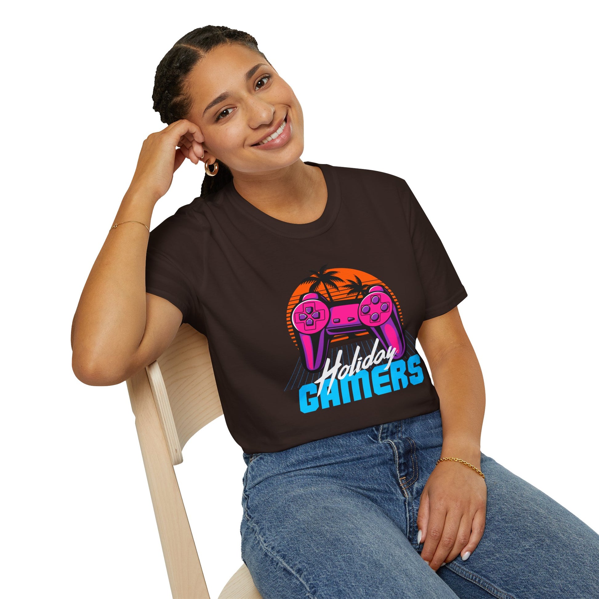 Retro Gamer T-Shirt, Gaming Gift, Unisex Softstyle Tee, Video Game Shirt, Holiday Gamers Apparel, Fun Casual Wear Dark Chocolate