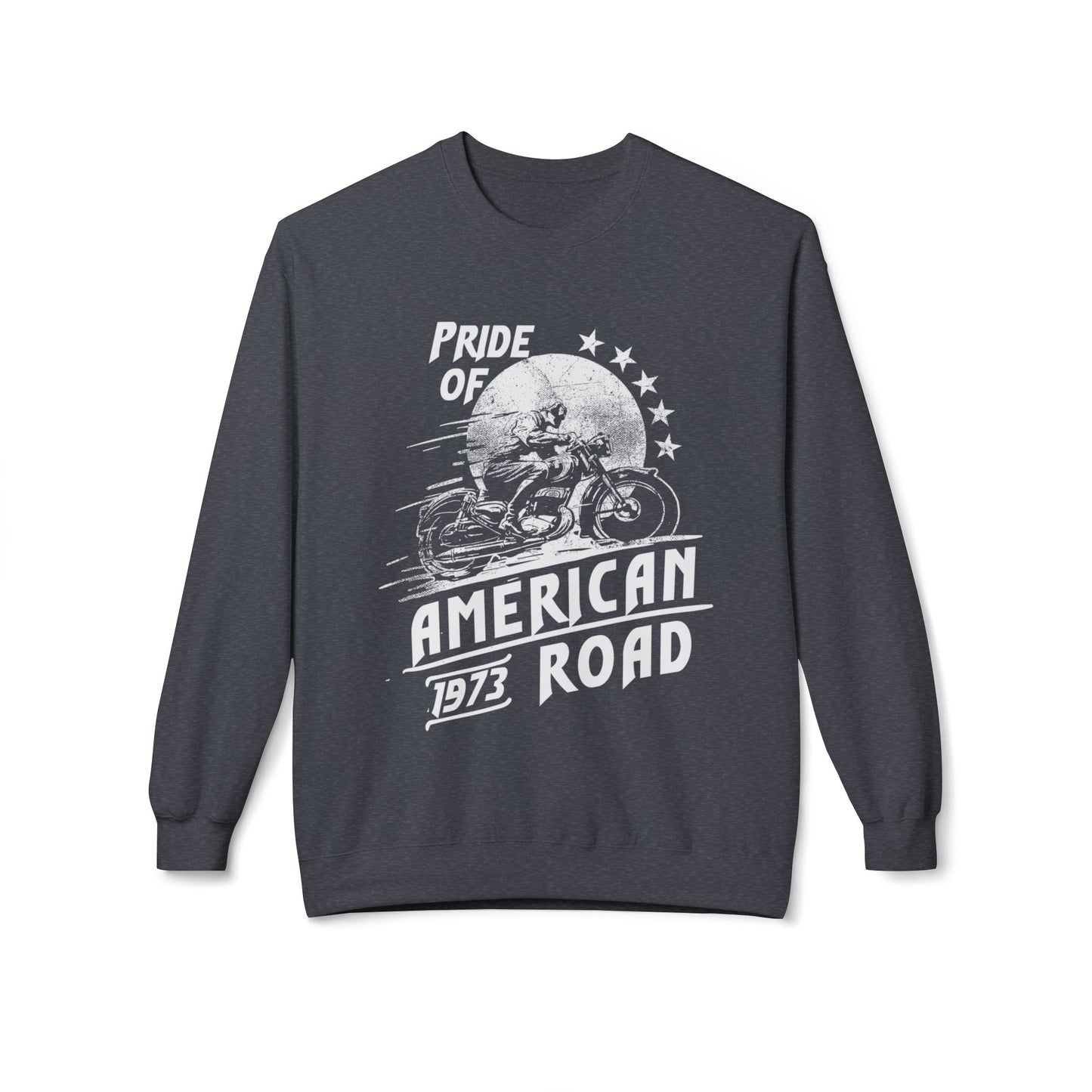 Pride of American Road Crewneck Sweatshirt, Cozy Unisex Fleece Top, Ideal Gift for Bikers, Road Trip Apparel, 1973 Vintage Style Dark Heather
