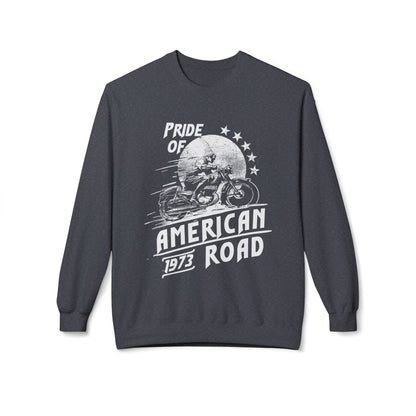 Pride of American Road Crewneck Sweatshirt, Cozy Unisex Fleece Top, Ideal Gift for Bikers, Road Trip Apparel, 1973 Vintage Style Dark Heather