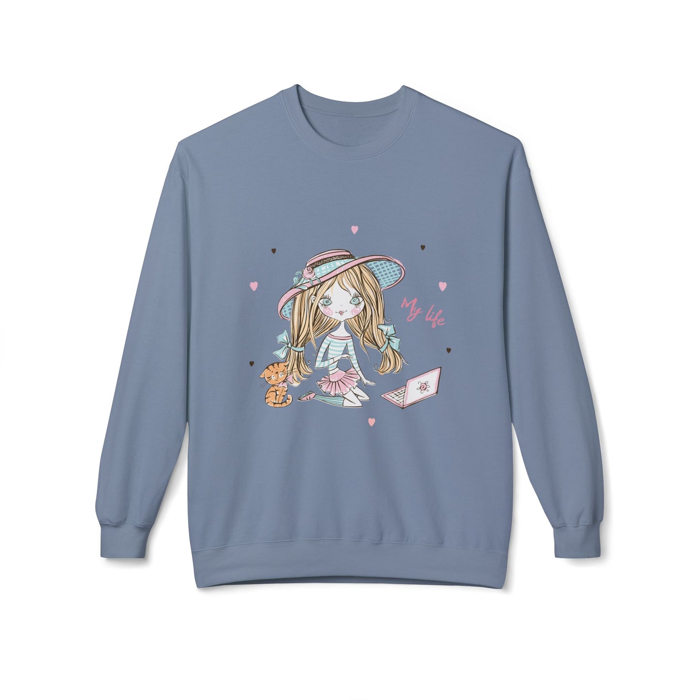 Cute Illustrated Crewneck Sweatshirt, Cozy Everyday Wear, Gift for Her, Fun Fashion, Casual Outfit, Birthday Present Stone Blue