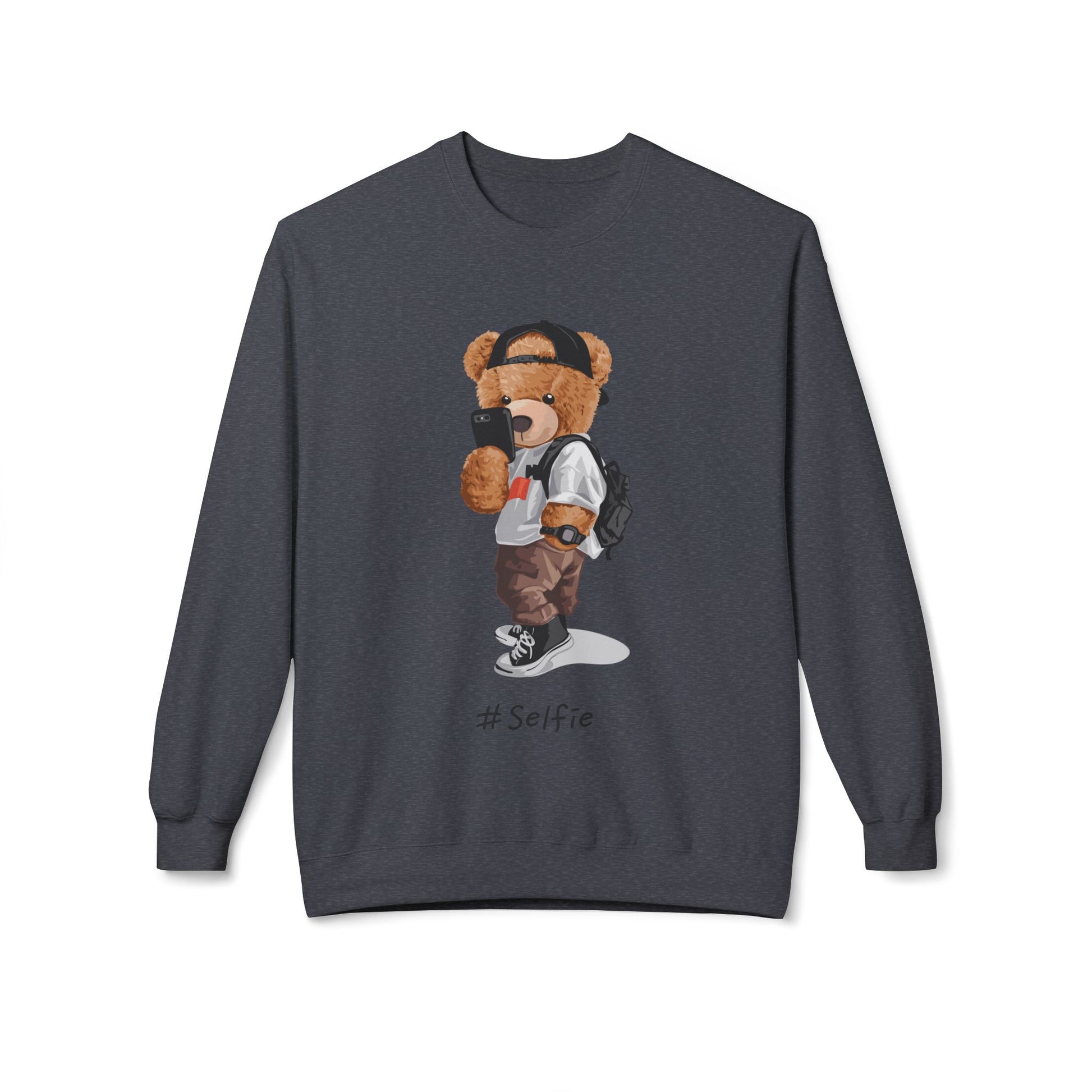 Cute Bear Selfie Sweatshirt, Trendy Gift for Teens, Cozy Fleece Crew, Fashionable Streetwear, Perfect for Casual Days, Instagram Vibes
