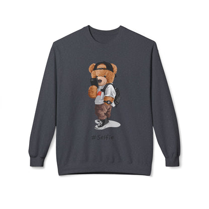 Cute Bear Selfie Sweatshirt, Trendy Gift for Teens, Cozy Fleece Crew, Fashionable Streetwear, Perfect for Casual Days, Instagram Vibes
