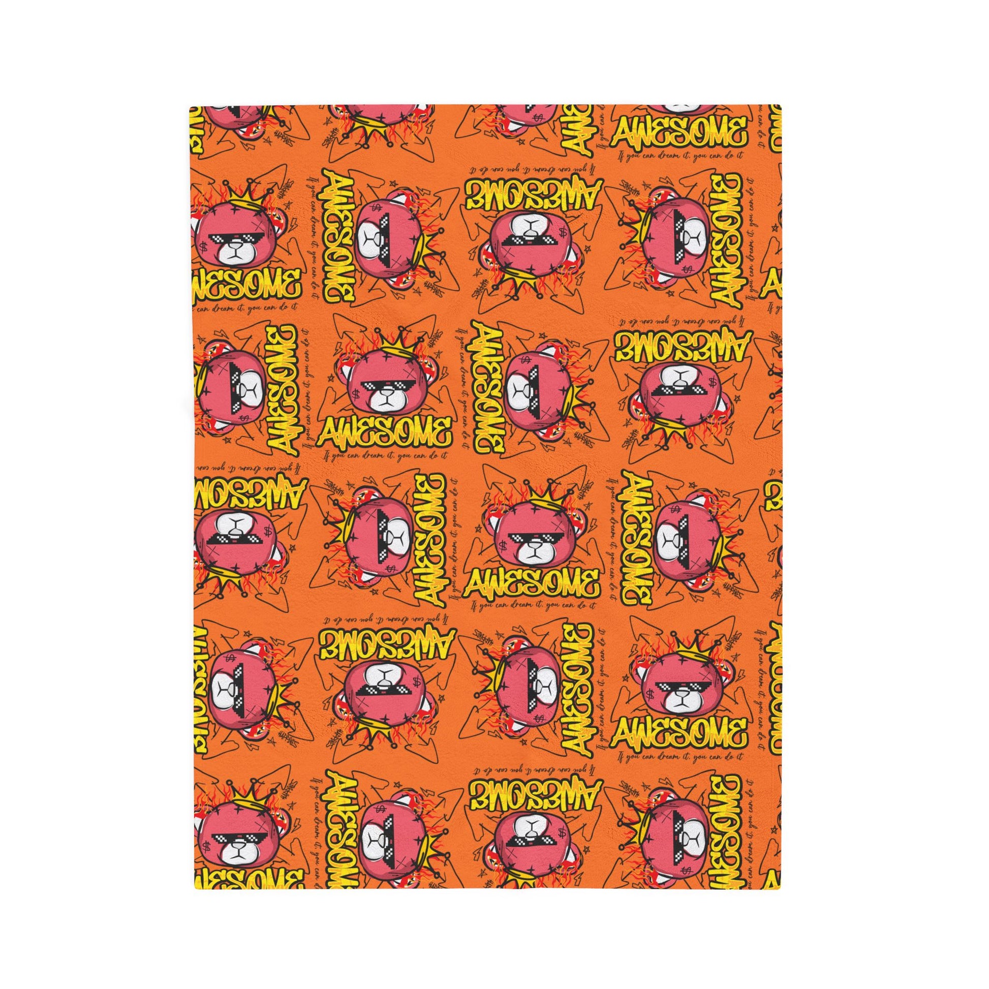 "Awesome" Motivational Graphic Plush Blanket – Soft Velveteen Throw with Flaming Bear – Orange Streetwear Home Decor
