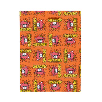 "Awesome" Motivational Graphic Plush Blanket – Soft Velveteen Throw with Flaming Bear – Orange Streetwear Home Decor