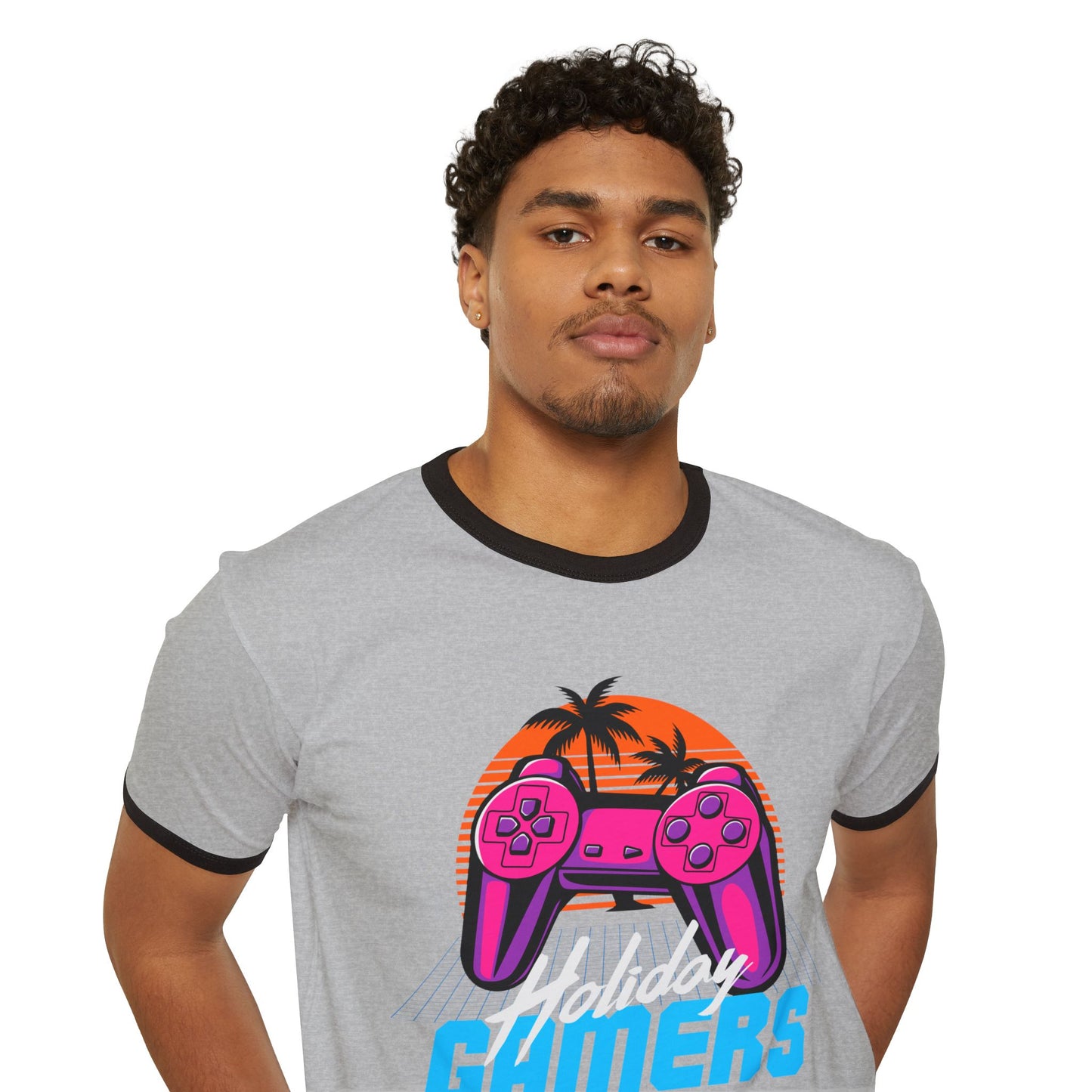 Holiday Gamers Unisex Cotton Ringer T-Shirt - Perfect for Gamers, Gaming Events, Holiday Parties, Casual Wear, Retro Vibe Heather Grey Black
