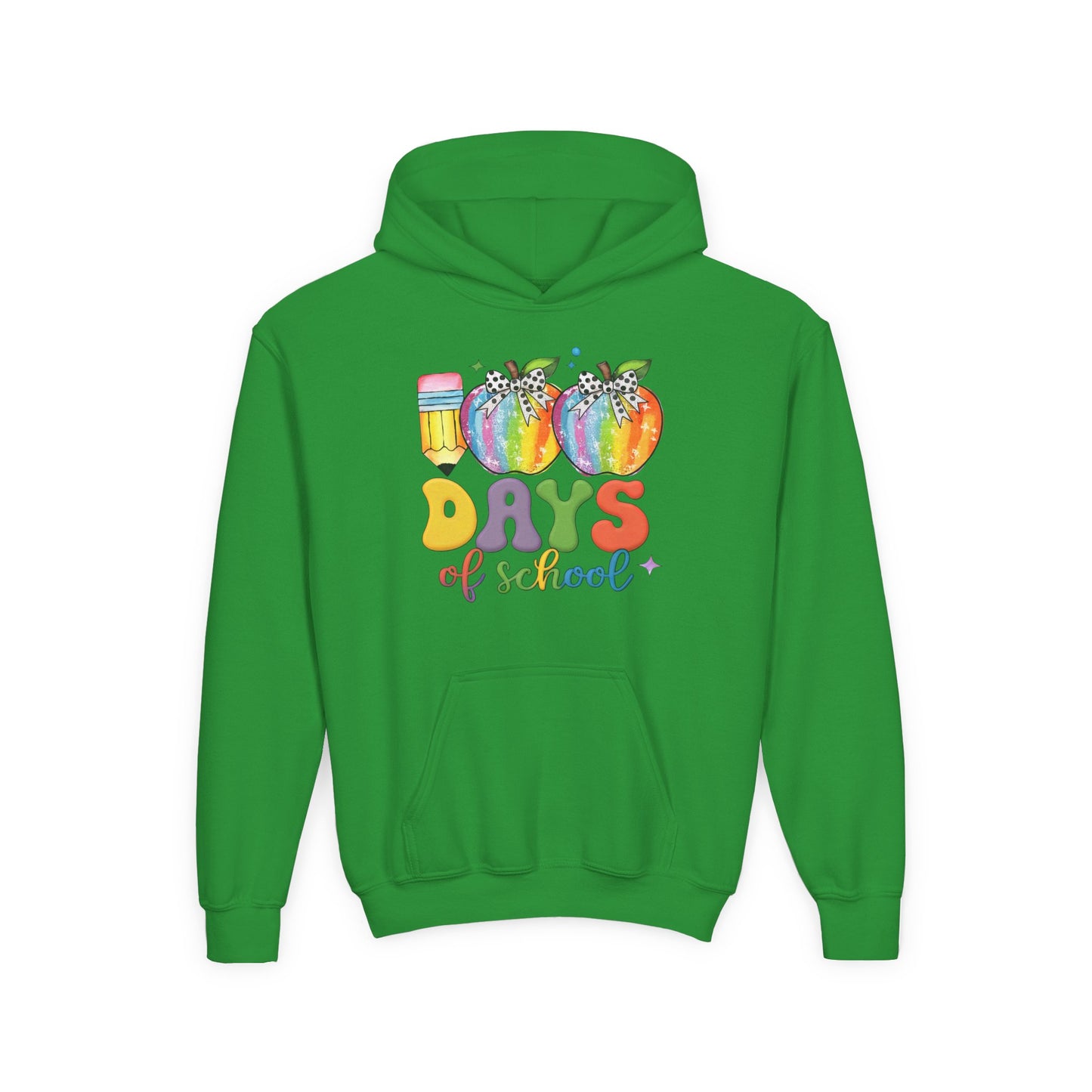 Colorful 100 Days of School Hoodie for Kids, Fun Sweatshirt for Students, Back to School Gift, Rainbow Apple Design, Classroom Irish Green