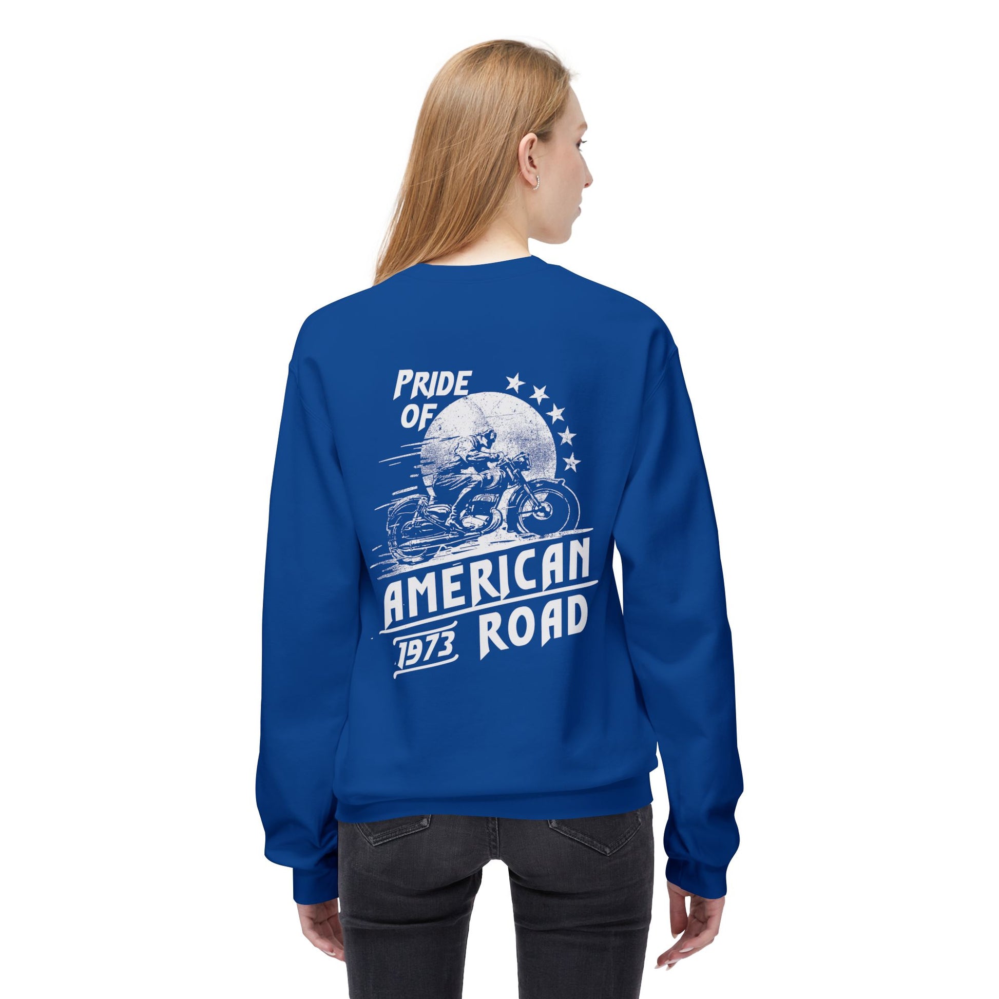 Pride of American Road Crewneck Sweatshirt, Cozy Unisex Fleece Top, Ideal Gift for Bikers, Road Trip Apparel, 1973 Vintage Style