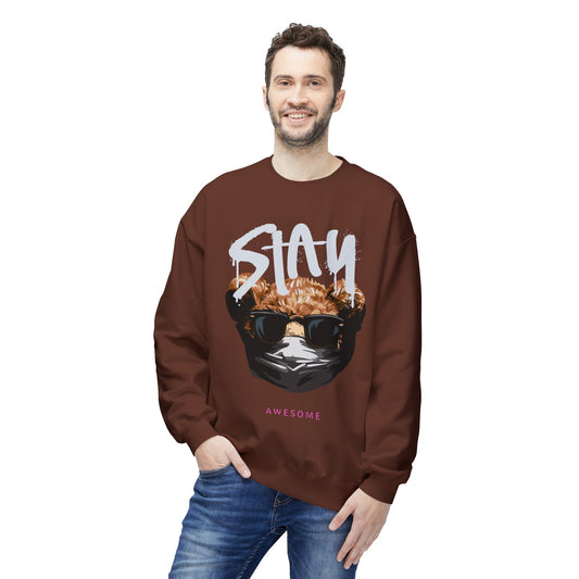 Stay Awesome Fleece Crewneck Sweatshirt for Cozy Vibes, Perfect Gift for Friends, Cute Casual Wear, Fun Retro Style, Ideal for Cold Days Cocoa