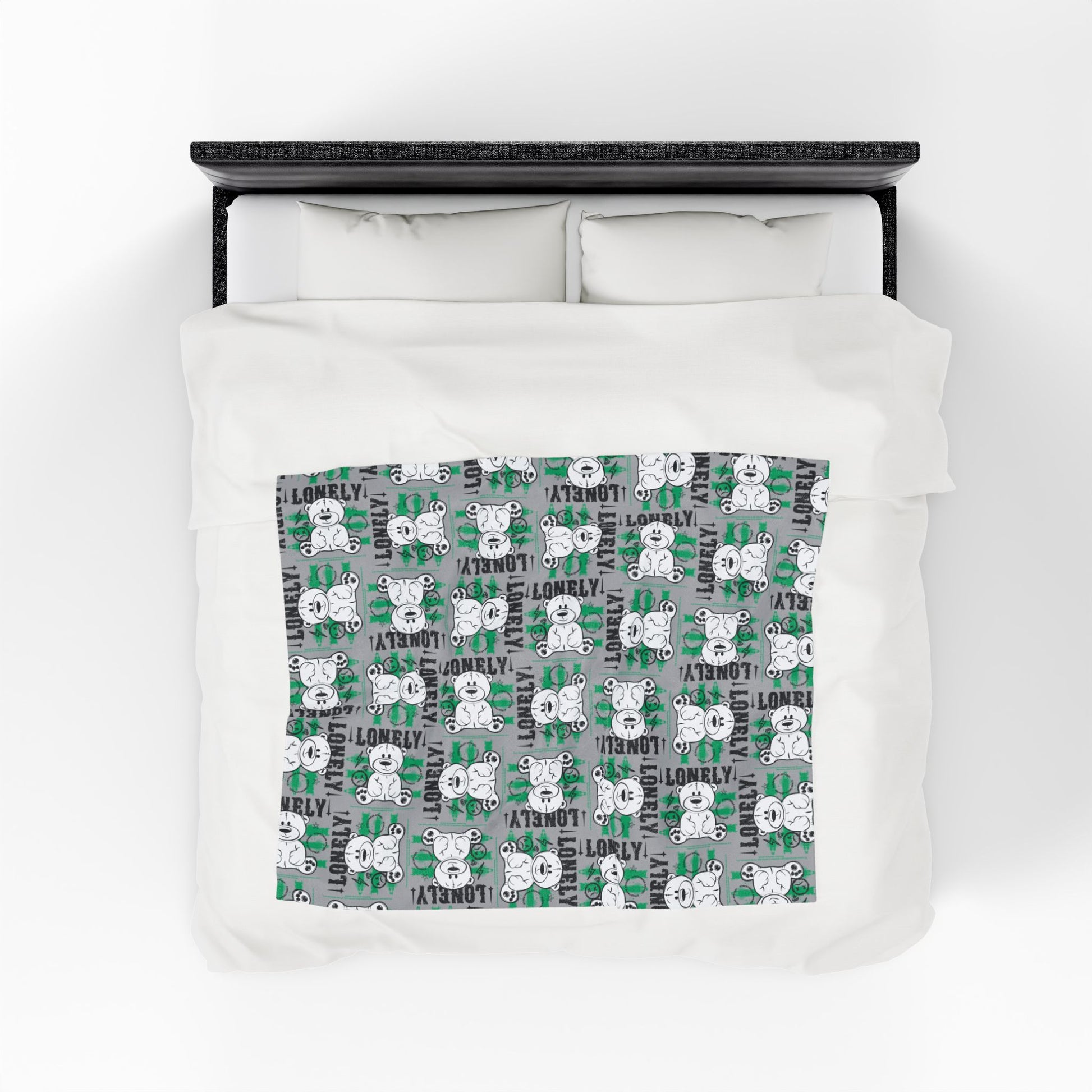 "Lonely" Teddy Bear Graphic Velveteen Plush Blanket – Soft Grey Throw for Home Decor – Introspective Streetwear Style